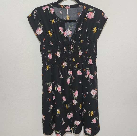 FREE PEOPLE Greatest Day Floral Dress Black Pink Yellow Smocked Waist Medium - Picture 9 of 16
